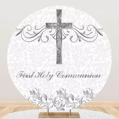 Round First Holy Communion Backdrop God Bless Baptism Photo Background Supplies • $82.49