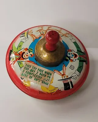 VINTAGE J CHEIN & CO CIRCUS TIN SPINNING TOP TOY WOOD HANDLE Duck CLOWN Bunny • $10.99