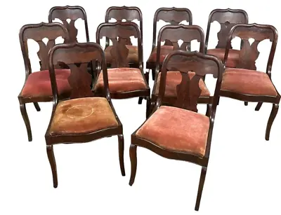 Set Of 10 1830s Empire Flame Mahogany Dining Chairs Saber Leg Antique Chairs • $1400