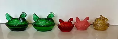 Vtg. Set/5  Textured Glass Covered  Candy Dish /trinket Boxes 4 Rooster/1 Rabbit • $22.50