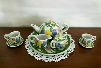 Child's Vintage Tea Party Set Tulip Teapot Cream Sugar Cups Saucers Ceramic 6 Oz • $27.97