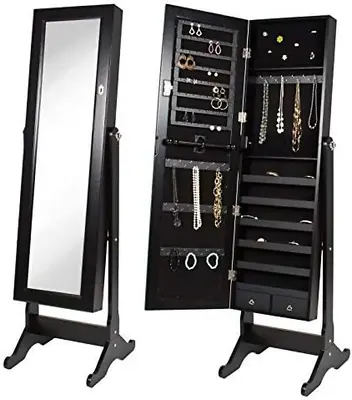 Black Mirror Jewelry Cabinet Armoire W/Stand Mirror Rings Necklaces Bracelets • $280.22