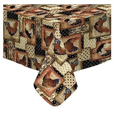 Newbridge Rooster Patchwork Vinyl Tablecloth 60 X 84 Inch Polyester Backing NIP • $25.27