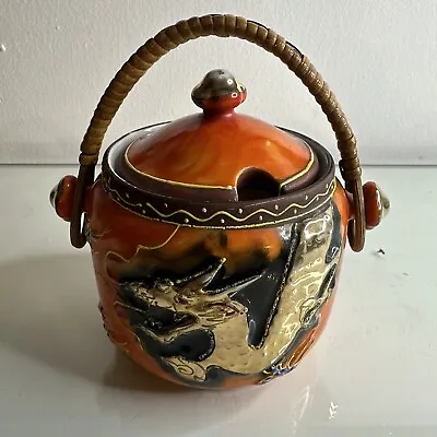 Vintage Japanese Porcelain Preserve/Jam Pot Bowl With Lid And  A Wicker Handle • £7.99