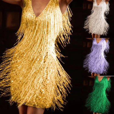 $24.79 • Buy Womens Glitter Fringe Tassel Mini Dress Evening Cocktail Party Bodycon Ball Gown