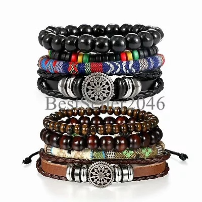 8pcs Brown Black Leather Tribal Beaded Cuff Wristband Bracelet For Men Women • $12.99