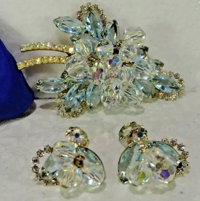 Fabulous D&E JULIANA Aqua Rhinestone Aurora Crystal VTG Brooch PIN EARRING SET • $150