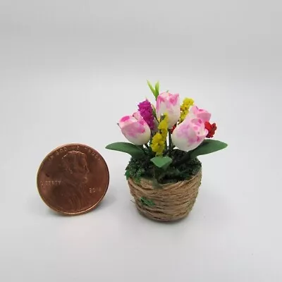 Dollhouse Miniature Tulips In A Basket Flower Arrangement B0540 • $5.84