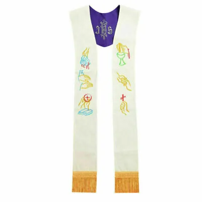 Churgy Clergy Reversible Stole Priest Stole Embroidery Stole White/Purple • $29.99