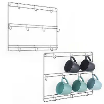 3-Tier Metal Wall Mounted Coffee Cup Holder With 10 Hooks Silver (Set Of 2) • $14.69