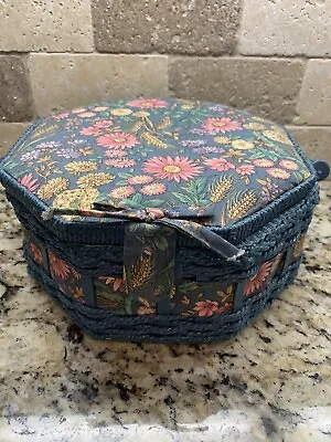 $12.99 • Buy Vintage Blue Flower Fabric Wicker Sewing Basket With Handle