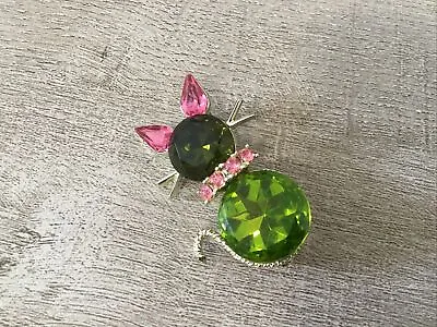 $15 • Buy Vintage DODDS Rhinestone Kitty Cat Pin Brooch Green Pink Jelly Belly Sparkly