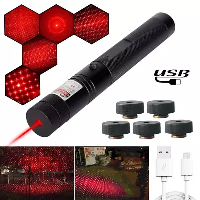 USB Rechargeable Red Laser Pointer Pen 650nm Star Light Visible Beam Lazer+5Caps • £10.58