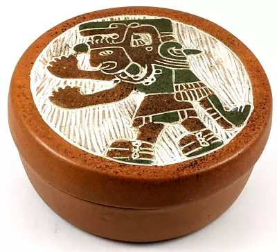 Mayan Aztec Terracotta Clay Round Trinket Bowl With Lid Mexico • $24.99