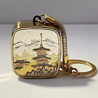 Vintage Sankyo Music Box Etched Keychain Gold Mt Fuji Trees Wind Up Works • $33.80