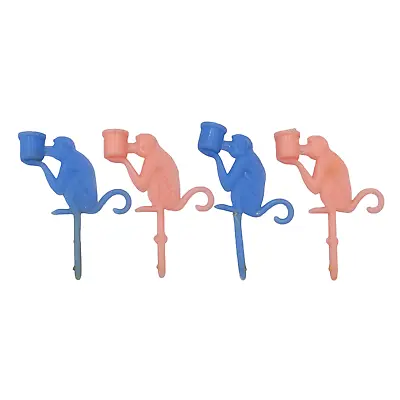 Vintage 4 Piece Monkey Birthday Cake Toppers Candle Holders Cupcake Pink Blue • $3.25