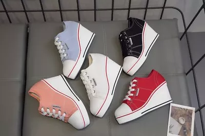 $28.70 • Buy Wedge Heel Canvas Sneakers Lace Up Height Increasing Pink Walking Women Shoes 43