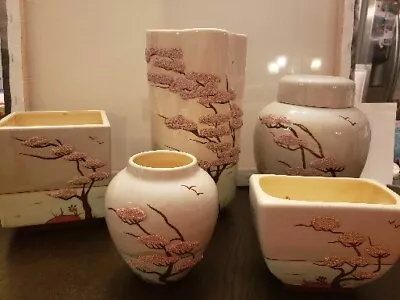 WEIL WARE Pink Ming Tree Bonsai Textured Lot Of Five VASES And VESSELS Vintage  • $25