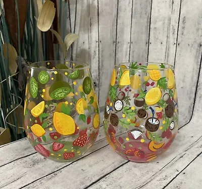 Lolita Tutti Frutti Sangria Stemless Wine Glasses -enesco Artisan Hand Painted • $24.99