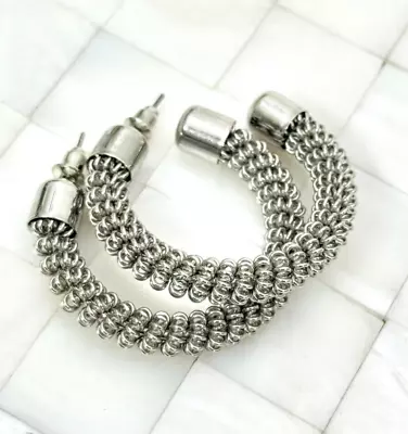 Silver Tone Coiled Hoops Pierced Earrings The Vintage Strand Lot #3974 • $8.49