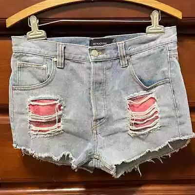 Minkpink Women’s M Shorts Cutoff Distressed Patched Denim Button Fly 5 Pocket • $29