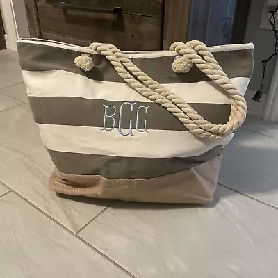 Tote Medium Gray Stripe Nautical  Beach Bag  Monogram BCC • $5.99