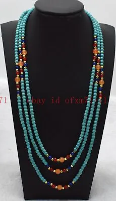 3 Rows Genuine 4mm Blue Turquoise Round Gemstone Beads Necklace Jewelry 18-20  • $8.99