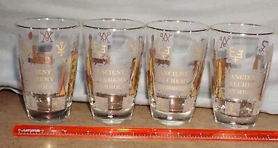 Vtg Libbey Ancient Alchemy Symbols Drinking Glasses. Apothecary Rx (4) Gold Lip • $32