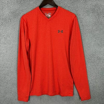 Under Armour Shirt Mens Medium Orange Striped Fitted Coldgear V Neck Long Sleeve • $16.19