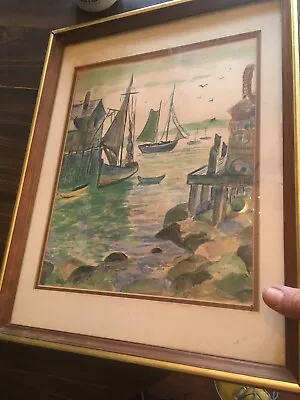 Vintage Seascape Harbor Watercolor With Sailboats 20 X 15 Inches -framed • $15.24