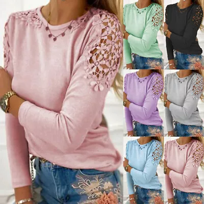 Womens Lace Summer Tops Shirts Ladies Long Sleeve Casual Blouse Tee Plus Size UK • £10.79