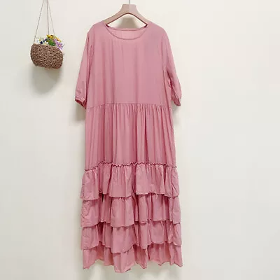 Women 100% Cotton Maxi Dress Layered Short Sleeve Ruffle Boho Flowy Long Dresses • $25.63