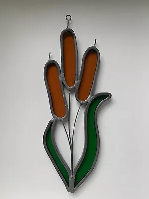 Vintage Stained Glass Cattails Suncatcher Leaded Decor Retro Groovy Grannycore • £15.42