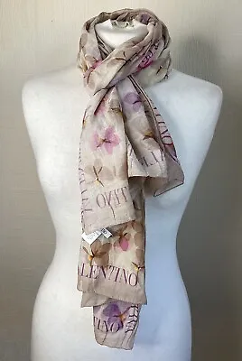 VALENTINO Cotton Silk Blend Scarf Purple Pansies Floral Rectangular Spring • £90