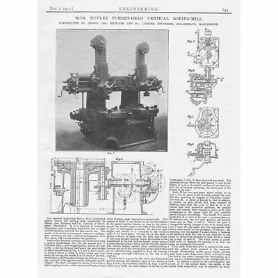 1912 Antique Engineering Print - 36inch Duplex Turret Head Vertical Boring Mill • $12.62