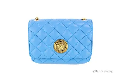 Versace Small Quilted DV Blue Smooth Leather Chain Shoulder Crossbody Handbag • $1310.89
