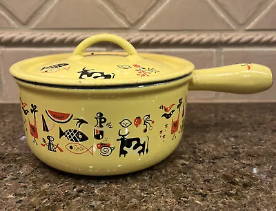 Descoware Robert Markley Yellow Enamel Cast Iron Saucepan W. Lid Belgium Vintage • $75