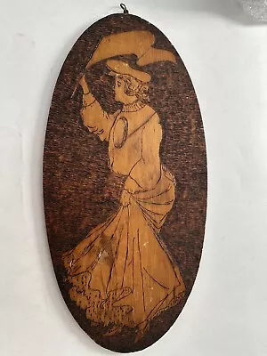 Vintage Art Nouveau Wood Pyrography Oval Wall Plaque  Signed 1900 Victorian Lady • $44.95