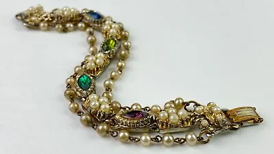 3-STRAND VINTAGE Gold Tone Bracelet Colored Stones Faux Pearls • $16.99