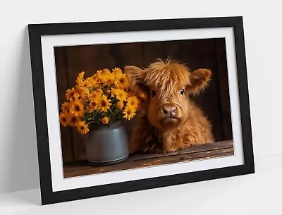 Baby Highland Cow With Flowers Home Decor Framed Wall Art Poster Print 4 Sizes • £37.99