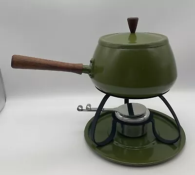 Vtg Enamel MCM Fondue Set Burner 2 Quart Pot Avocado Green NO Skewers • $29.99