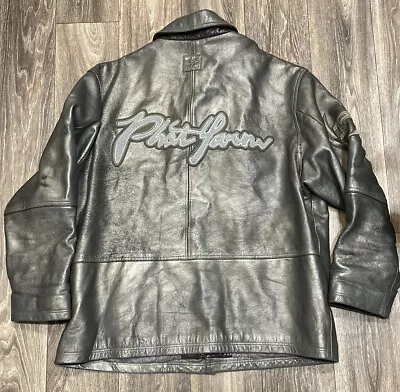 Rare Vintage Phat Farm Heavy Shiny Metallic Silver Leather Jacket XXL • $149.99