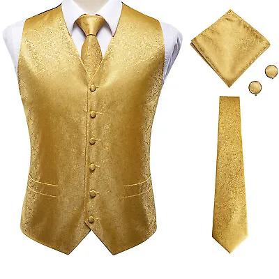 $21.66 • Buy Fomal Mens Silk Waistcoat Wedding Vest Necktie Hankerchief Cufflinks Set 4XL