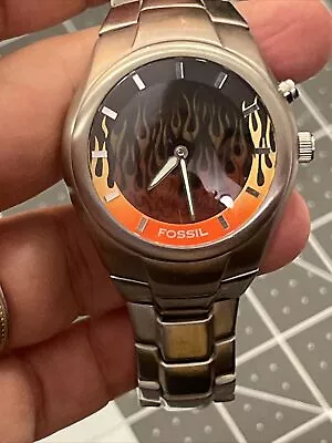 Fossil Big Tic Watch Men Silver Tone Flame Animation JR-8115 New Battery 7.3” • $280