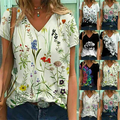 £9.23 • Buy Ladies Print Summer Blouse Short Sleeve T Shirt Casual V Neck Tops Tee Size 8-24