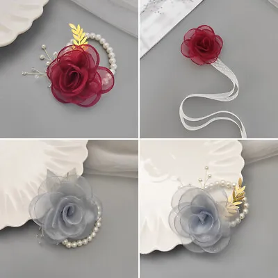 Bridesmaid Wedding Wrist Corsage Wedding Party Prom Hand Flower Pearl Bracelet • £3.64