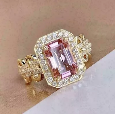 4.00Ct Emerald Cut Pink Morganite Halo Engagement Ring 14K Yellow Gold Finish • $57.60