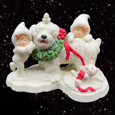 Tykes On Ice White Dog With Wreath Children Playing Ceramic Figurine Vintage • $22