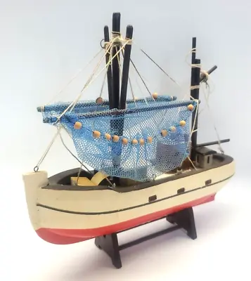 Vintage Wooden Ship Boat Vessel Fish Fishing Model W/Nets & Stand • $19.83