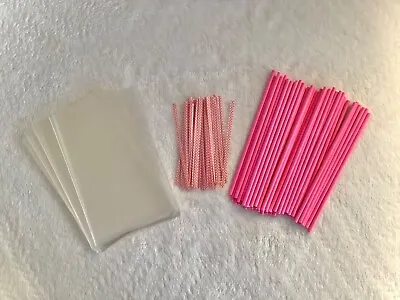 50 X PINK CAKE POP KIT 6” PAPER LOLLY STICKS 4x 6” CELLO BAGS & POLKA DOT TIES • £5.25